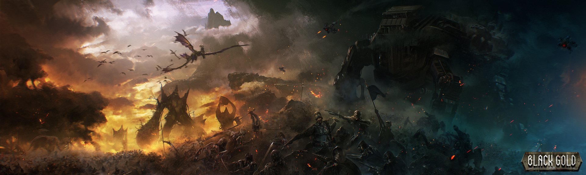 HD PC desktop wallpaper depicting an intense battle scene from the video game Black Gold Online, featuring dragons, armored warriors, and fiery explosions in a dark, dramatic landscape.