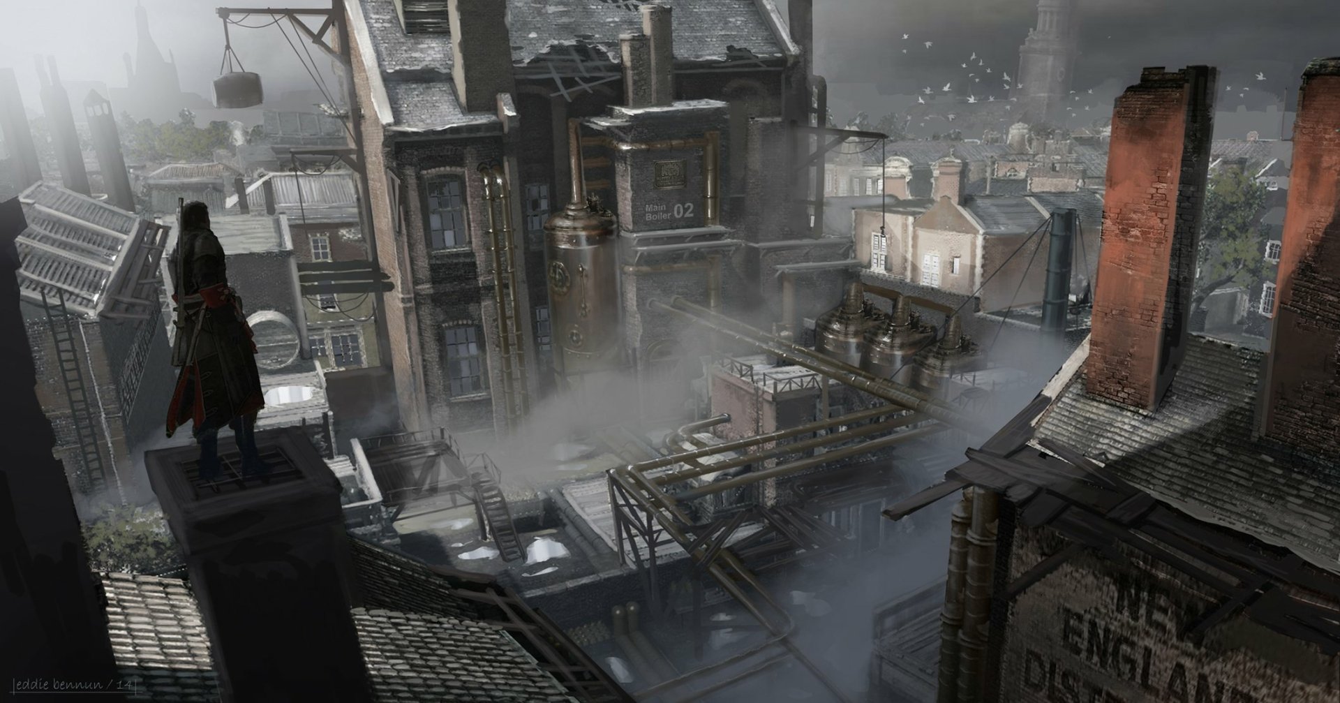 HD PC desktop wallpaper featuring a foggy, atmospheric cityscape from the video game Assassin's Creed: Rogue.