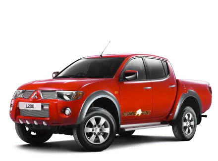 HD PC desktop wallpaper: red Mitsubishi L200 pickup truck (jeep-style vehicle) on a white background.