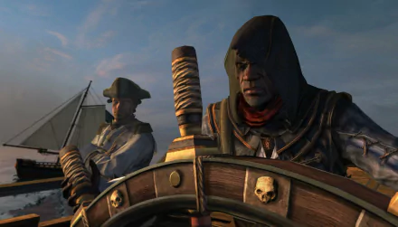 HD PC desktop wallpaper of Assassin's Creed: Rogue featuring a hooded character steering a ship with another figure in the background near the sails.