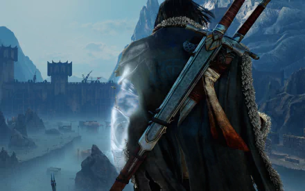 HD PC desktop wallpaper featuring a character from the video game Middle-earth: Shadow of Mordor overlooking a misty, fortress-filled landscape.