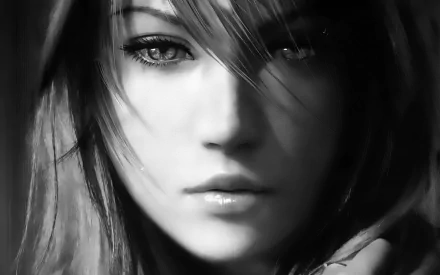 Close-up of Lightning, the iconic character from Final Fantasy XIII, in a striking black-and-white style. This image serves as a high-definition PC desktop wallpaper and background.