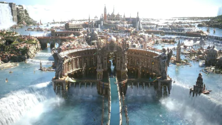 HD wallpaper of Altissia, the stunning water-bound city from Final Fantasy XV, with detailed architecture and cascading waterfalls.