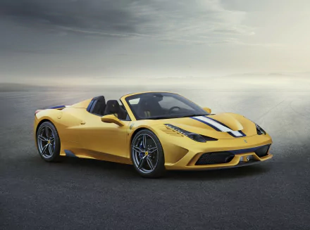 HD desktop wallpaper featuring a yellow Ferrari 458 Speciale A sports car on a misty road background.