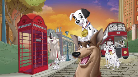 HD desktop wallpaper featuring characters from the movie 101 Dalmatians II: Patch's London Adventure in a colorful London street scene at sunset.