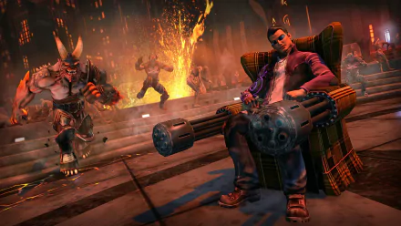 HD PC desktop wallpaper showcasing intense action from the video game Saints Row: Gat Out Of Hell, featuring characters in a fiery, hellish environment.