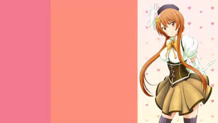 A vibrant HD wallpaper featuring Marika Tachibana from the anime Nisekoi, showcasing her charming outfit against a soft pink background with delicate heart motifs.