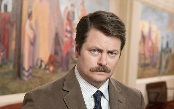 HD wallpaper featuring Ron Swanson from Parks and Recreation with a stern expression, set against a mural backdrop.