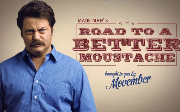 HD desktop wallpaper featuring a man with a notable mustache and the text Road to a Better Moustache for Movember.