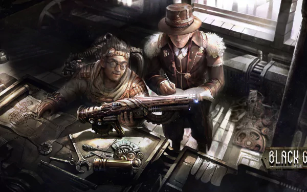 HD PC desktop wallpaper from the video game Black Gold Online featuring two characters examining a futuristic weapon in a dimly lit room.