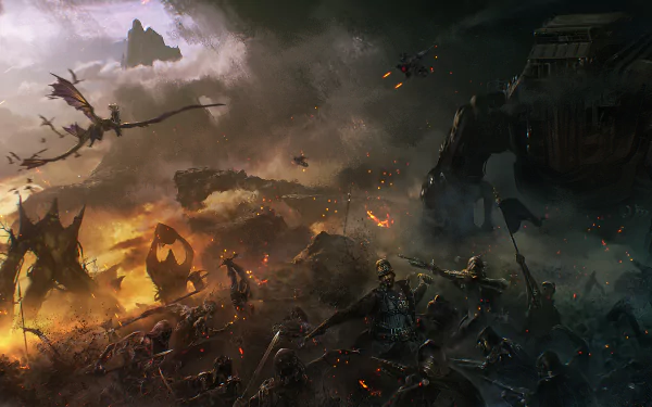 HD PC desktop wallpaper depicting an intense battle scene from the video game Black Gold Online, featuring dragons, armored warriors, and fiery explosions in a dark, dramatic landscape.