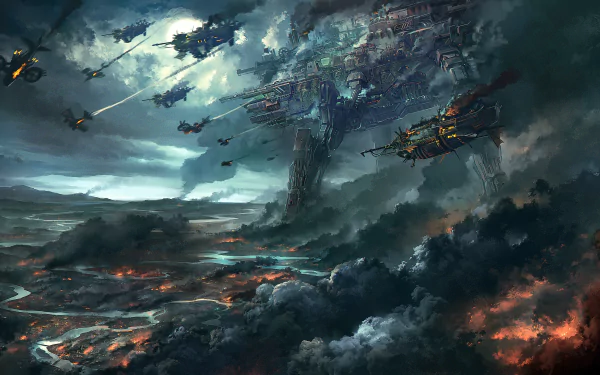 A dramatic scene from the video game Black Gold Online, showcasing a towering mechanical structure amidst dark, swirling clouds and intense conflict, rendered in stunning 4K Ultra HD.