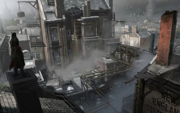 HD PC desktop wallpaper featuring a foggy, atmospheric cityscape from the video game Assassin's Creed: Rogue.