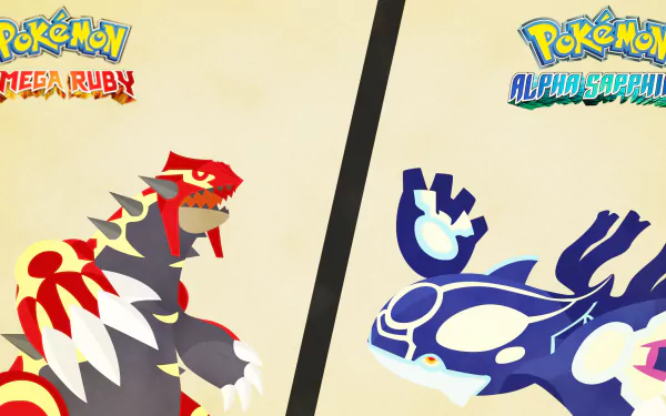 HD wallpaper featuring Groudon from Pokémon Omega Ruby and Kyogre from Pokémon Alpha Sapphire set against a split background.