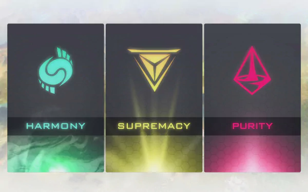 HD desktop wallpaper featuring the Civilization: Beyond Earth affinities: Harmony, Supremacy, and Purity logos on a stylized background.