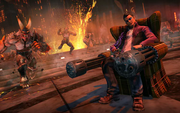 HD PC desktop wallpaper showcasing intense action from the video game Saints Row: Gat Out Of Hell, featuring characters in a fiery, hellish environment.