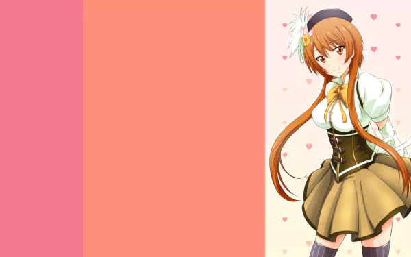 A vibrant HD wallpaper featuring Marika Tachibana from the anime Nisekoi, showcasing her charming outfit against a soft pink background with delicate heart motifs.