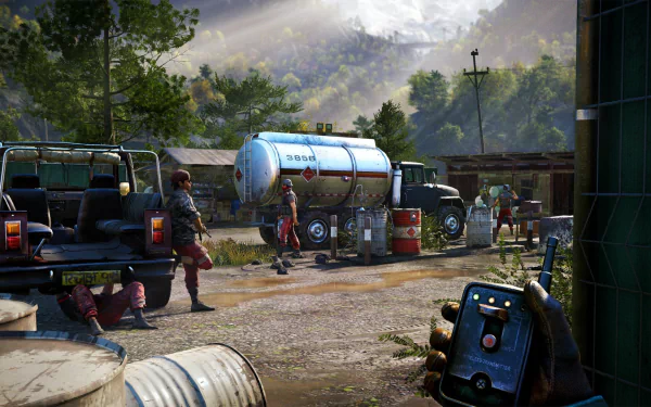 HD PC desktop wallpaper featuring a detailed scene from the video game Far Cry 4 with characters, vehicles, and mountainous terrain.