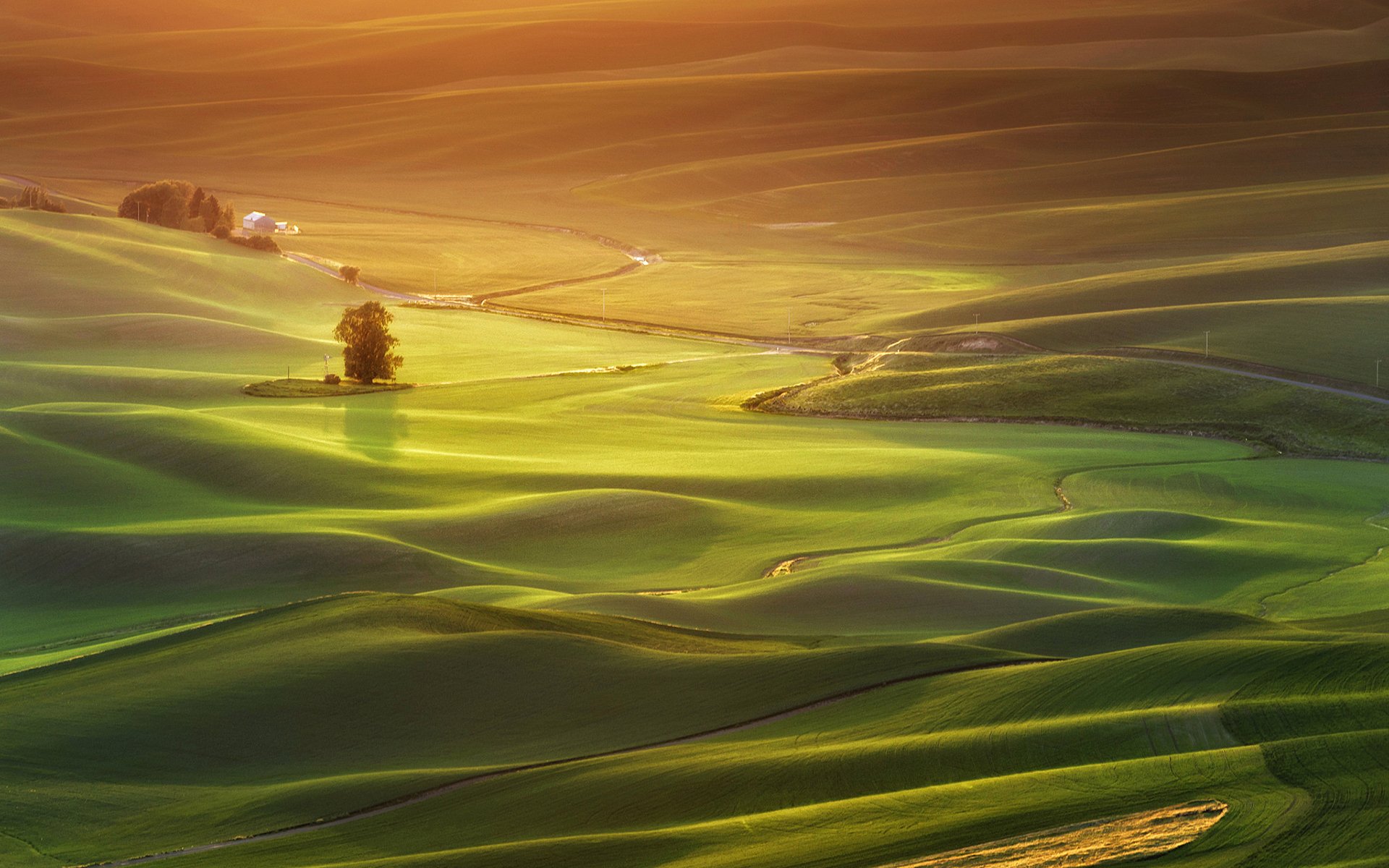 HD PC desktop wallpaper and background: aerial photography of rolling green Tuscany hills in Italy at golden hour, winding tracks and a farmhouse casting long shadows.