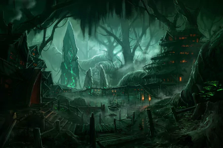 A dark fantasy village nestled in an eerie forest at night, illuminated by glowing structures and mysterious greenish-blue light, designed as an HD PC desktop wallpaper.