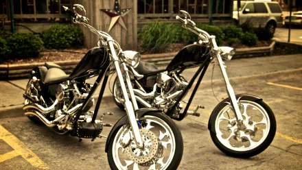 Two chrome-accented chopper motorcycles parked on a street, high-detail 4K Ultra HD PC desktop wallpaper and background showcasing custom vehicles