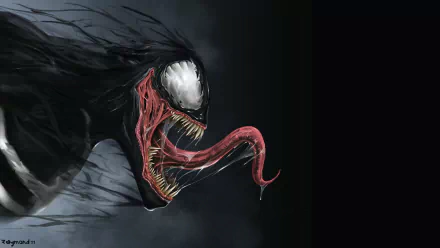 A striking HD desktop wallpaper featuring Venom from the comic universe, showcasing its menacing face, sharp teeth, and long, twisting tongue against a dark background.
