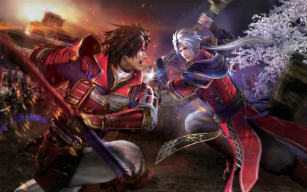 HD PC desktop wallpaper depicting two samurai warriors in intense combat, inspired by the video game Samurai Warriors 4, with a dramatic battlefield and cherry blossoms in the background.