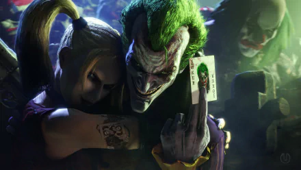 HD desktop wallpaper featuring the Joker holding a joker card, with a female character embracing him from behind. Dark, dramatic comic-style artwork.