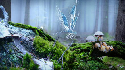 A mystical, glowing dragonfly hovers over moss-covered rocks and mushrooms in a misty forest, captured in stunning 4K Ultra HD for a PC desktop wallpaper.