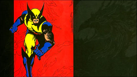 HD PC desktop wallpaper featuring a dynamic comic-style illustration of Wolverine in his classic yellow and blue costume against a red and dark green background.