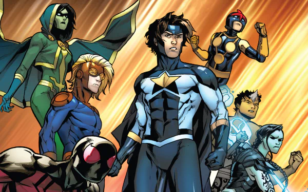 HD comic-style wallpaper featuring Marvel's New Warriors team, including Sam Alexander, Gamora, and Justice, striking dynamic poses against an energetic background.