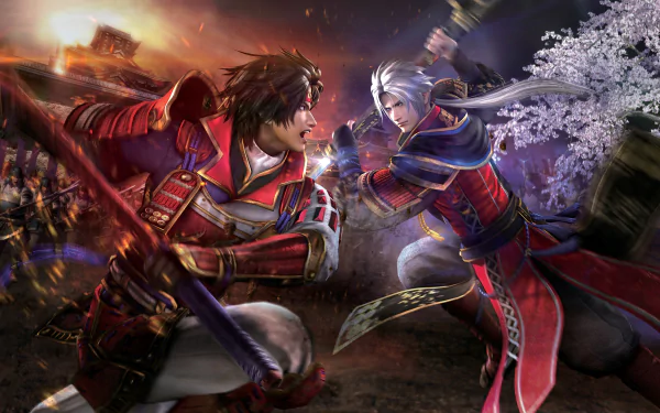 HD PC desktop wallpaper depicting two samurai warriors in intense combat, inspired by the video game Samurai Warriors 4, with a dramatic battlefield and cherry blossoms in the background.