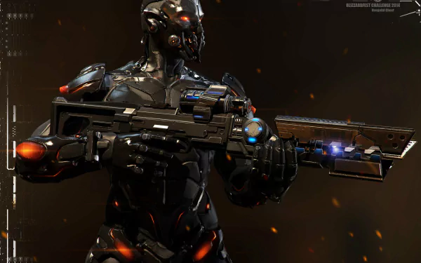 A futuristic soldier in sleek armor holds a high-tech weapon, set against a dynamic background, showcasing immersive design from the video game StarCraft: Ghost.