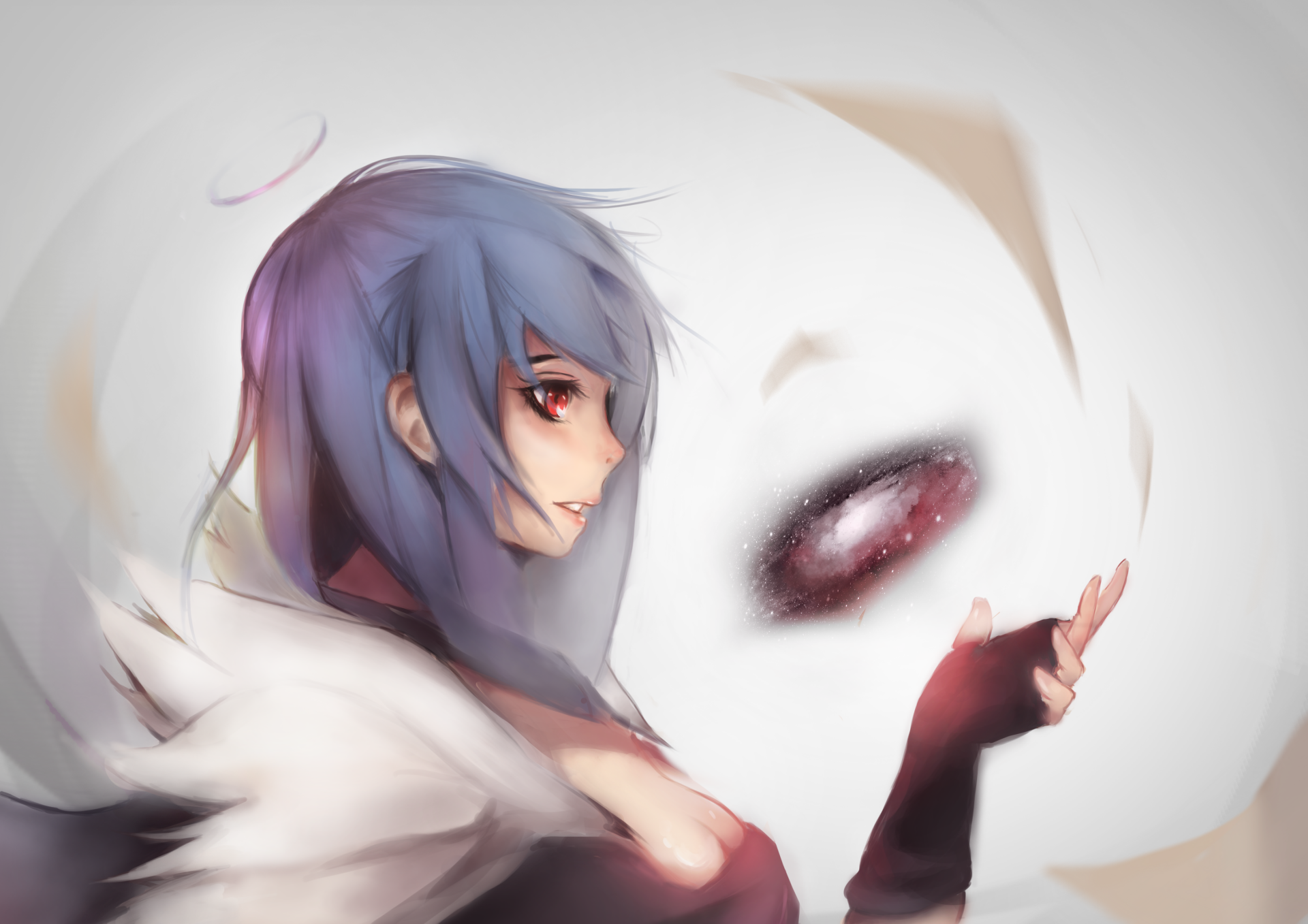 HD anime desktop wallpaper featuring a character with purple hair and glowing red eyes, surrounded by soft white and hydrangea-inspired hues.