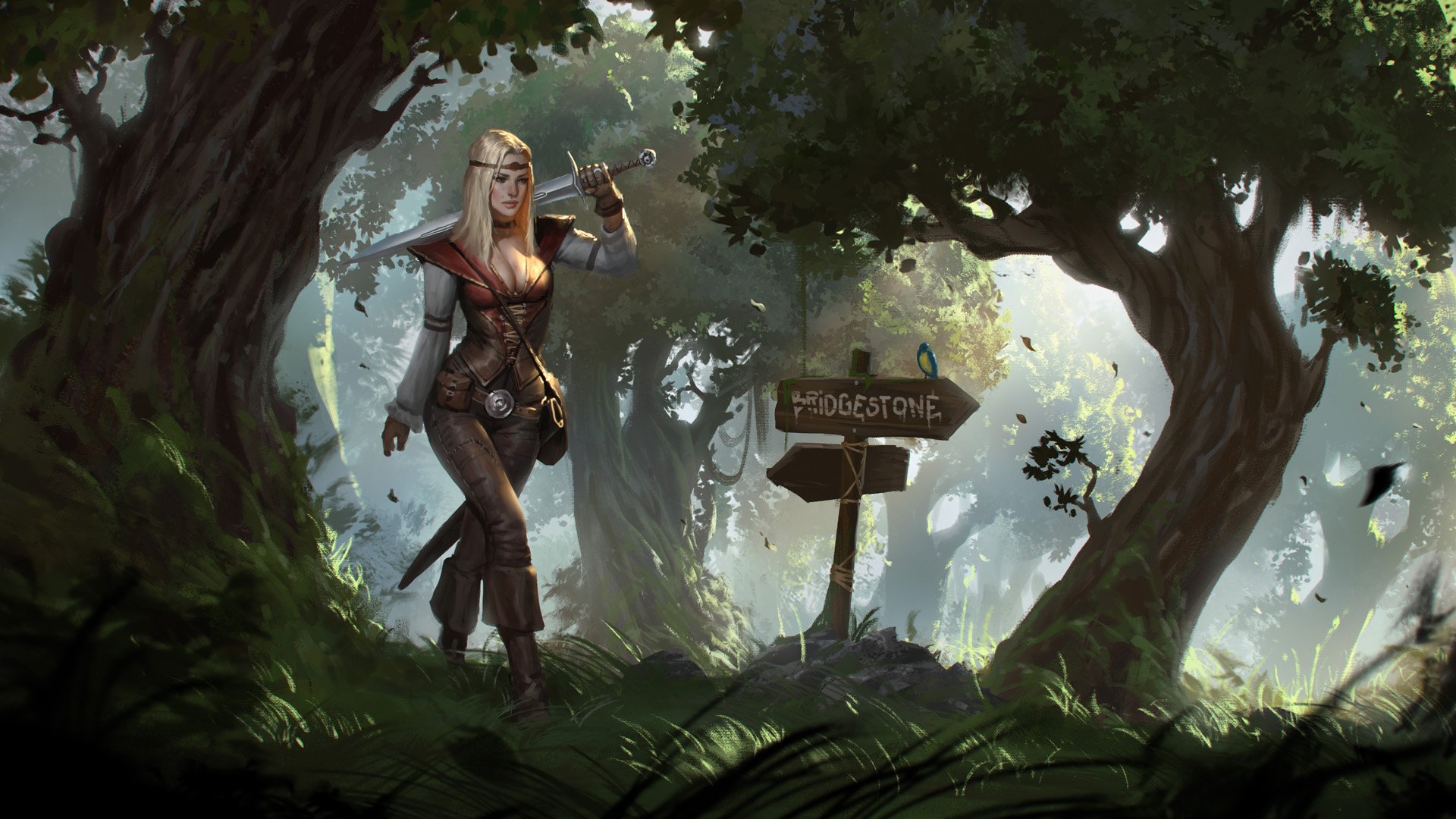 Fantasy HD PC wallpaper showing a woman warrior in leather armor, holding a sword, walking through a sunlit forest near a wooden signpost reading Rogestone.