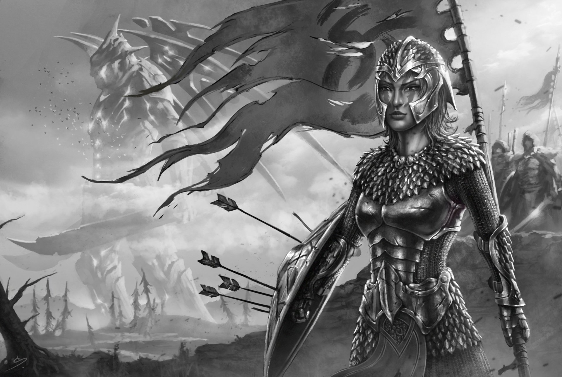 Fantasy woman warrior in ornate armor and helmet, arrows lodged in her shield, banners and soldiers behind her — dramatic HD PC desktop wallpaper background.
