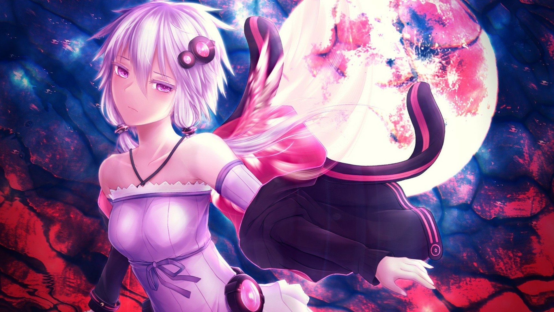 An HD desktop wallpaper featuring Yuzuki Yukari, a Vocaloid character, standing against a vibrant moonlit background with a globe, showcasing anime artistry and striking colors.