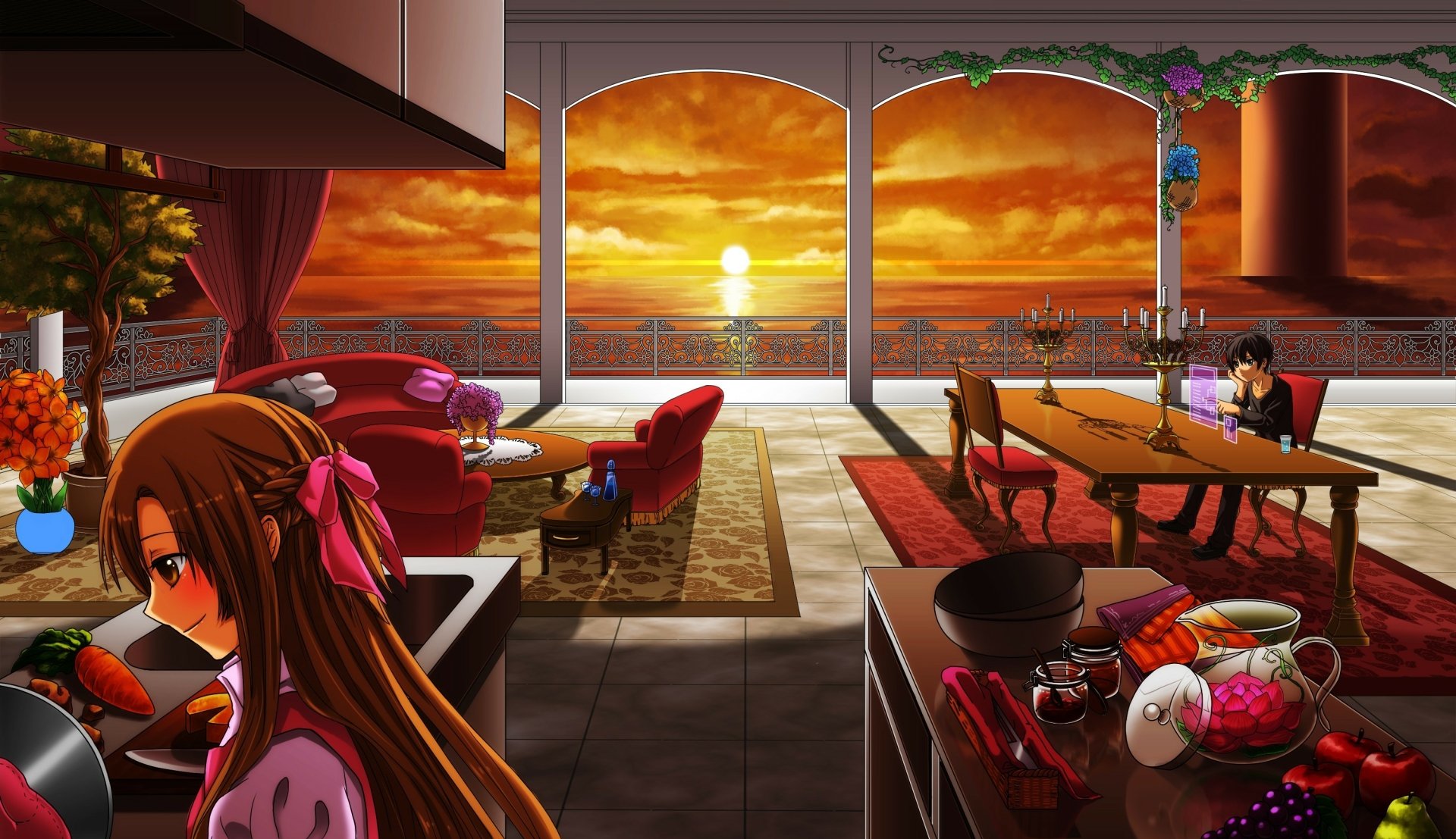 Asuna Yuuki and Kirito from Sword Art Online enjoy a serene sunset by the sea, overlooking a beautifully decorated terrace, captured in this vibrant HD anime wallpaper.