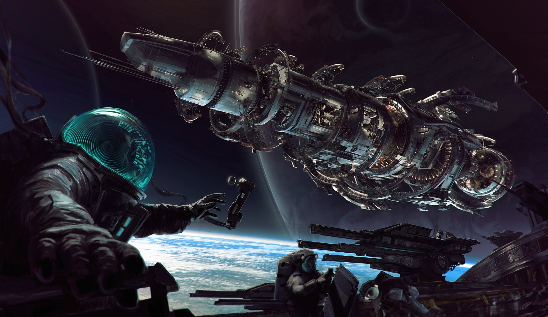 HD PC desktop wallpaper from the video game Fractured Space, featuring a detailed spaceship and an astronaut set against the backdrop of Earth and space.