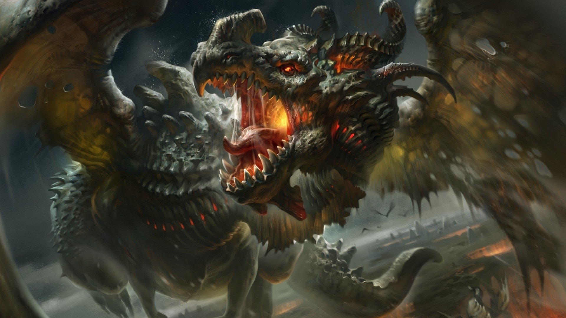 HD fantasy PC desktop wallpaper featuring a fierce, fiery dragon with glowing eyes and sharp teeth emerging from a smoky, dark background.