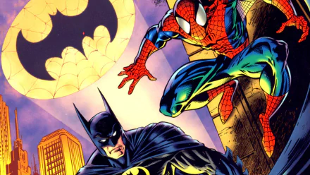 HD PC desktop wallpaper featuring comic-style Spider-Man and Batman in dynamic poses with the Bat-Signal illuminating the night sky.