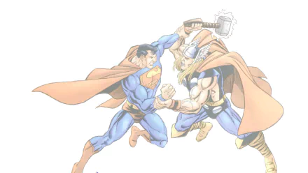 HD PC desktop wallpaper featuring a dynamic comic-style battle scene between Superman and a muscular warrior wielding a hammer.