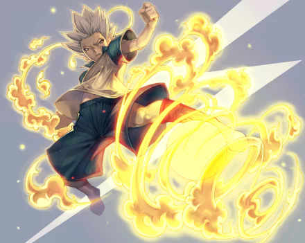 Anime HD wallpaper featuring a child with white hair from Inazuma Eleven, surrounded by vibrant flames, set against a dynamic background.