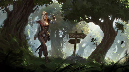 Fantasy HD PC wallpaper showing a woman warrior in leather armor, holding a sword, walking through a sunlit forest near a wooden signpost reading Rogestone.