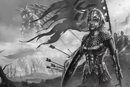 Fantasy woman warrior in ornate armor and helmet, arrows lodged in her shield, banners and soldiers behind her — dramatic HD PC desktop wallpaper background.