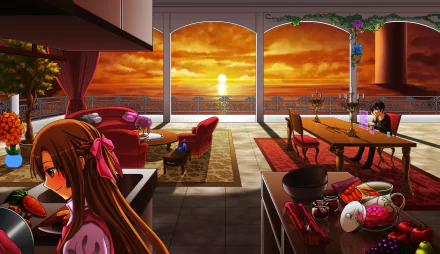 Asuna Yuuki and Kirito from Sword Art Online enjoy a serene sunset by the sea, overlooking a beautifully decorated terrace, captured in this vibrant HD anime wallpaper.
