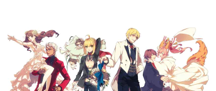 Anime characters Rin Tohsaka, Gilgamesh, Archer, and Saber from the Fate series dance together in an elegant HD wallpaper backdrop, showcasing vibrant poses and intricate costumes.