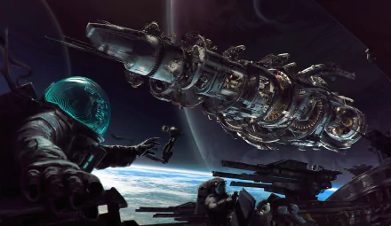 HD PC desktop wallpaper from the video game Fractured Space, featuring a detailed spaceship and an astronaut set against the backdrop of Earth and space.