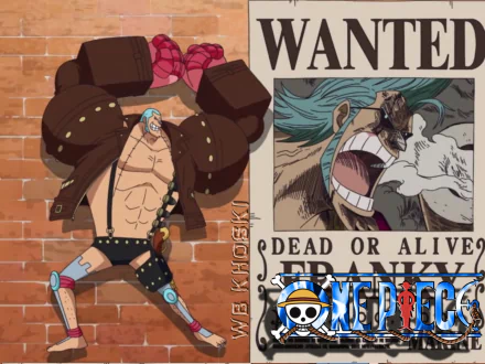 HD desktop wallpaper featuring Franky from One Piece, showcasing his muscular character next to a Wanted poster, capturing the vibrant essence of the anime.