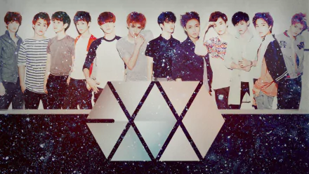 HD desktop wallpaper featuring EXO members with a galaxy-themed background and the band's logo in the foreground.